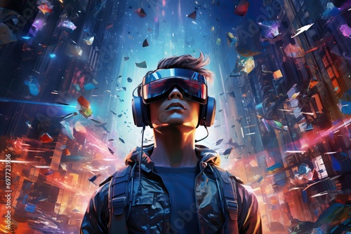 Artistic illustration depicting an evolved young man exploring the realm of virtual reality, surrounded by holographic data streams and futuristic landscapes. Generation Ai