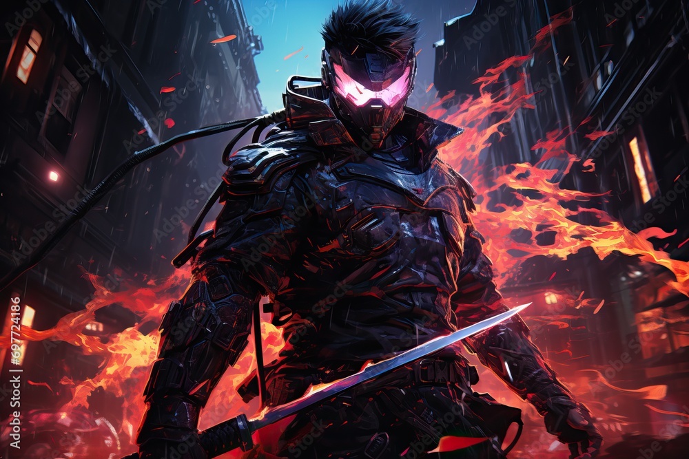 Fototapeta premium Climactic confrontation between a cyberpunk samurai and a futuristic adversary amidst a neon-lit urban battleground. Generation Ai