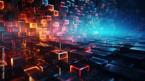 cyberspace, technology, datum, digital, communication, design, network, computer, future, futuristic. image of digital, wall with many pieces of blue and red light. 3D rendering illustration via ai.