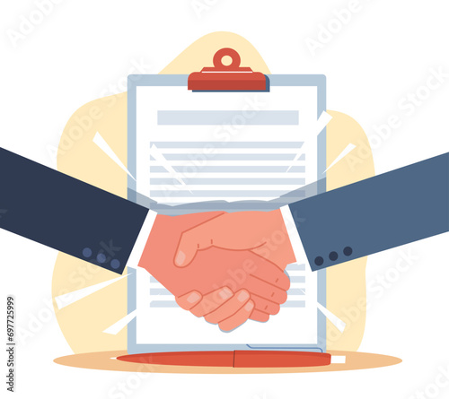 Business handshake of businessmen as symbol of concluded agreement. Male hands and contract, greeting or concluding deal, partnership and meeting. Cartoon flat isolated vector concept