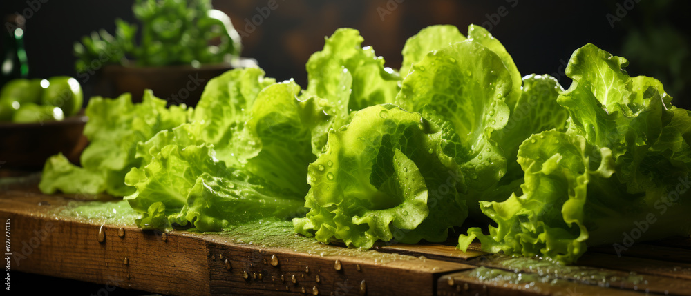 Fresh ?risp, lively lettuce showcased in a rustic setting. - obrazy, fototapety, plakaty 