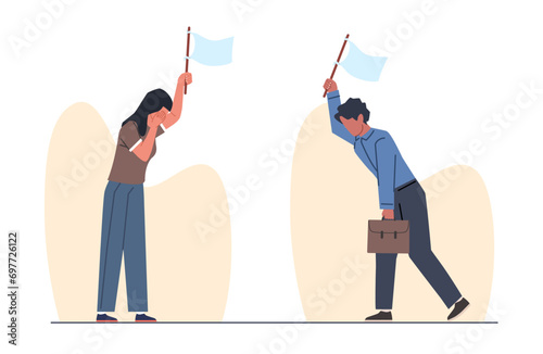Businessman and woman hold up white flag. Sad hopeless characters, capitulation in competition. Frustrated unhappy man. Failure woman. Surrender symbol. Cartoon flat isolated vector concept