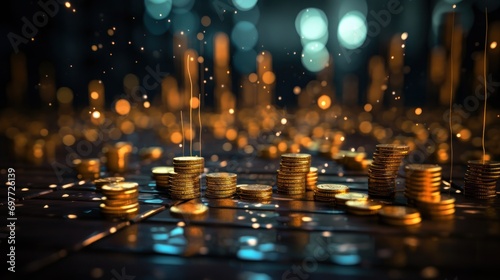 coin, gold, money, background, bank, banking, business, currency, finance, financial. investment concept, coins graph stock market for business idea and presentation, generation AI illustrations. © Day Of Victory Stu.