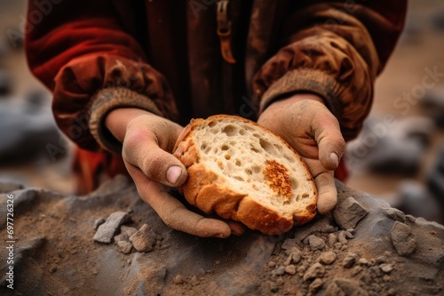 Dirty hands tightly clutch a piece of bread, symbolizing hope and survival. 