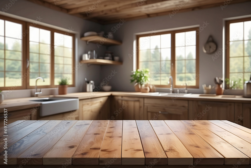 The empty wooden table with a blurred kitchen window in the background The empty wooden table with a blurred kitchen window in the background