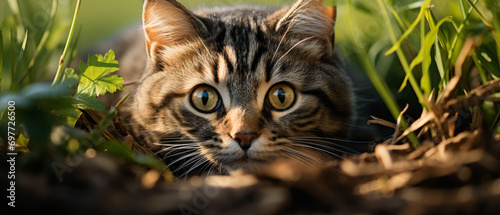 Curious tabby cat peering through lush green grass.