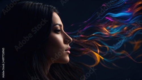 dark curly hair Flowing in Silky Textured Waves  colorful background  beauty model  profile  model eyes  soft skin