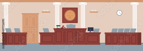 Courtroom interior with judge, attorney and jury table. Empty room. Wooden podium, tribunes with armchairs. Cartoon flat illustration. Judicial system. Vector justice and jurisprudence concept