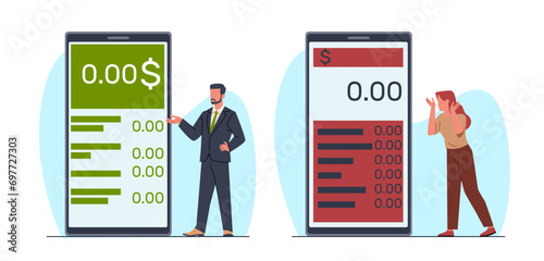 Frustrated man and woman with empty bank account in mobile app. Bankruptcy people. Finance problems. Poverty and lack of money. Cartoon flat isolated vector economical crisis concept