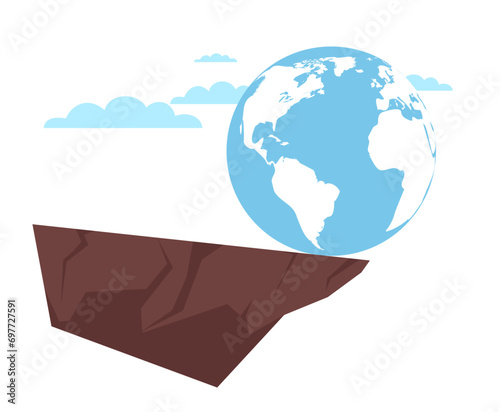 Globe is hovering on edge of precipice. Planet in danger. Apocalypse and catastrophe. End of world. Climate collapse and war. Falling earth. Cartoon flat style isolated vector concept