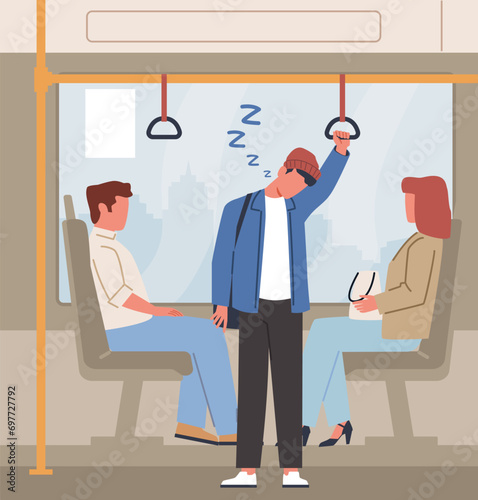 Guy trying to fall asleep on public transportation on his way to work. Young man character standing trying to sleep in bus. Morning time scene. Cartoon flat isolated illustration, vector concept