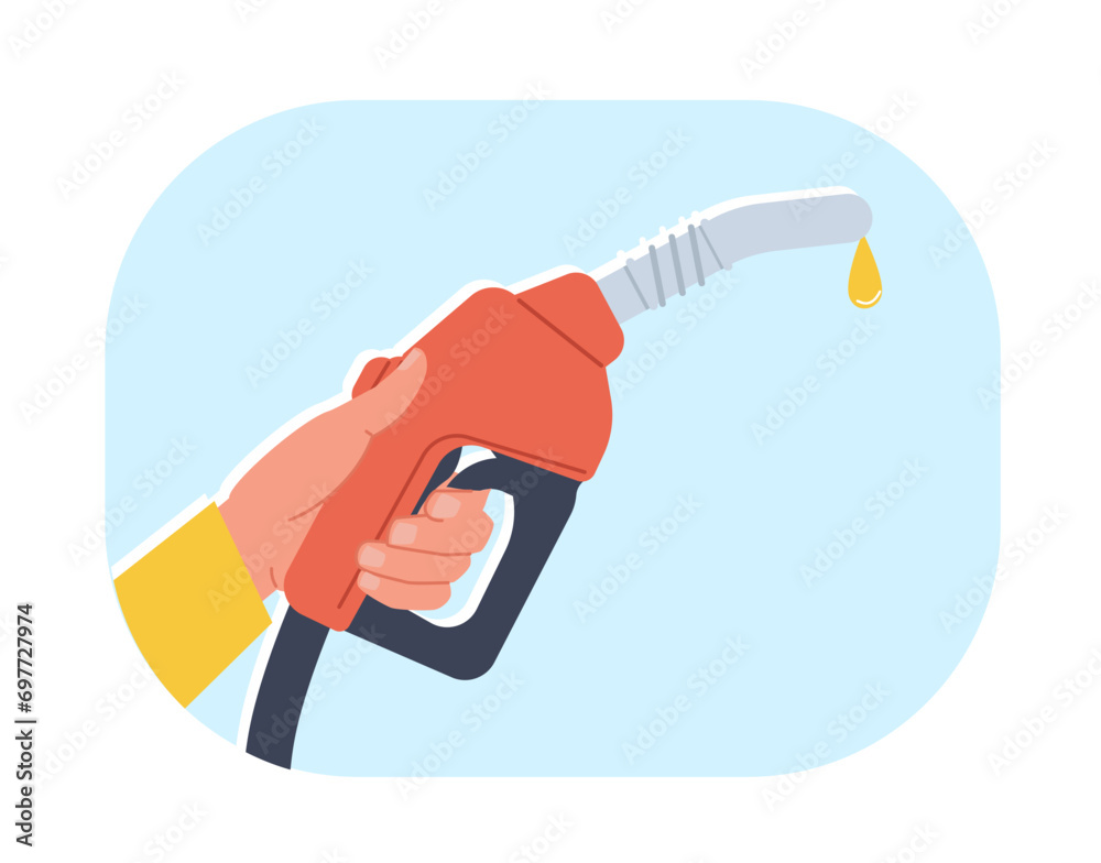 Hand holding gasoline fuel pump with yellow drop of oil. Automobile benzine and biodiesel. Gas station. Nozzle and hose. Transport refueling. Vector cartoon flat isolated vector concept Hand holding gasoline fuel pump with yellow drop of oil. Automobile benzine and biodiesel. Gas station. Nozzle and hose. Transport refueling. Vector cartoon flat isolated vector concept