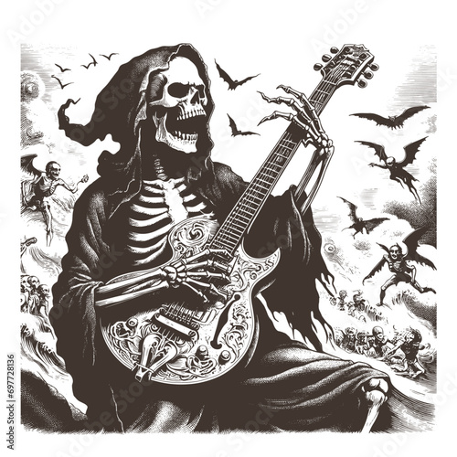 Vector illustration of a skeleton playing an electric rock guitar © -Misha