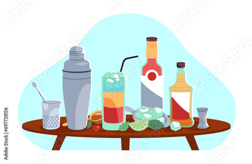 Ingredients to make delicious cocktail on table. Ice cubes and lime, bartending tools shaker, stirrer, forceps and jigger. Mixing alcohol. Cartoon flat style isolated vector concept