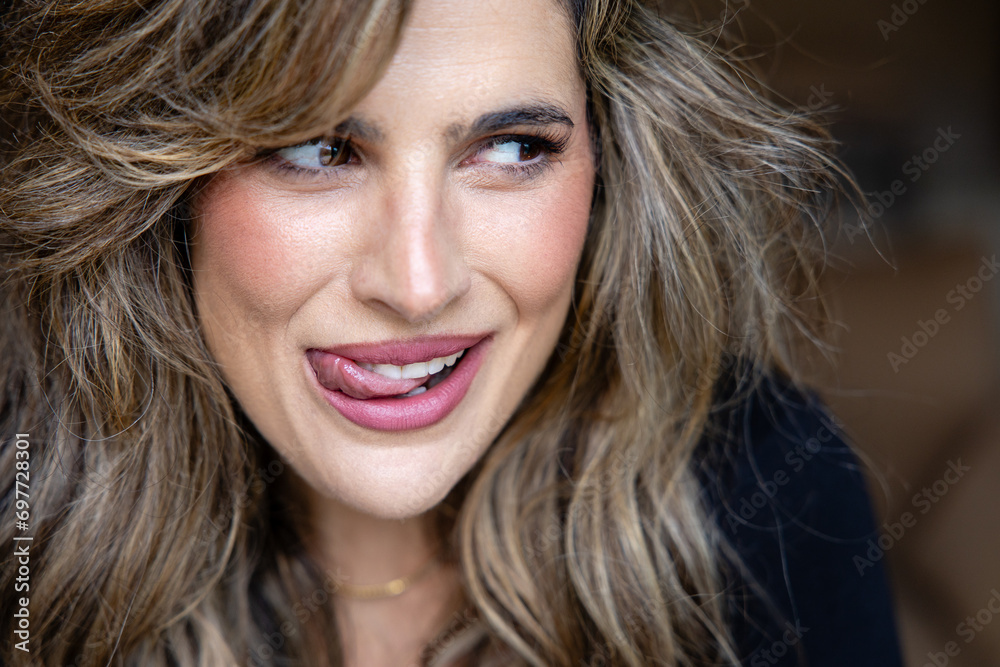 Close up closeup of beautiful woman smiling with sensual expression