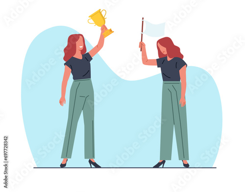 Joyful woman holding victory trophy and sad girl holding white flag of surrender. Sad hopeless and happy successful characters. Winning and losing in competition cartoon flat vector concept