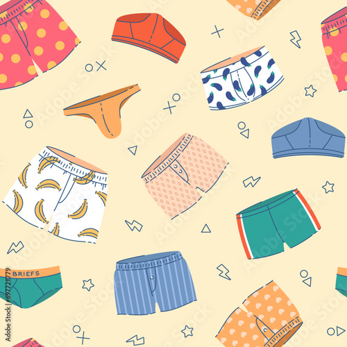 Men underwear seamless pattern. Male panties, different types, boxers, trunks and briefs with ornaments, repeated elements. Decor textile, wrapping paper. Vector background