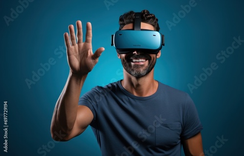 ai  man  happy  portrait  corporate  lifestyle  male  casual clothes  professional  confident. confident businessman or corporate employee put on casual clothes and vr glasses and hi-five poses.