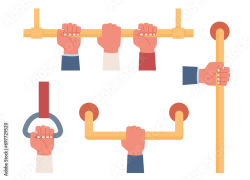 Set of human hands on handrails in public transportation. Hanging yellow horizontal and vertical handle. Ceiling bracket. Metro, train or bus grip for characters. Cartoon vector illustration