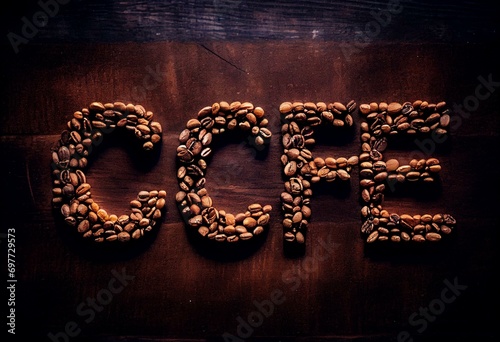 Top view of coffee beans spelling 'decaf', caffeine-free. Generative AI