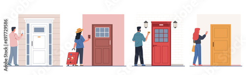 Set of people who ring doorbell. Men and women near door, pushing button. Neighbor or friends came to visit. Safety equipment for house. Ding dong. Cartoon flat style isolated vector set