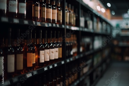 Blurred wine bottles on alcohol shelves as supermarket background. Generative AI