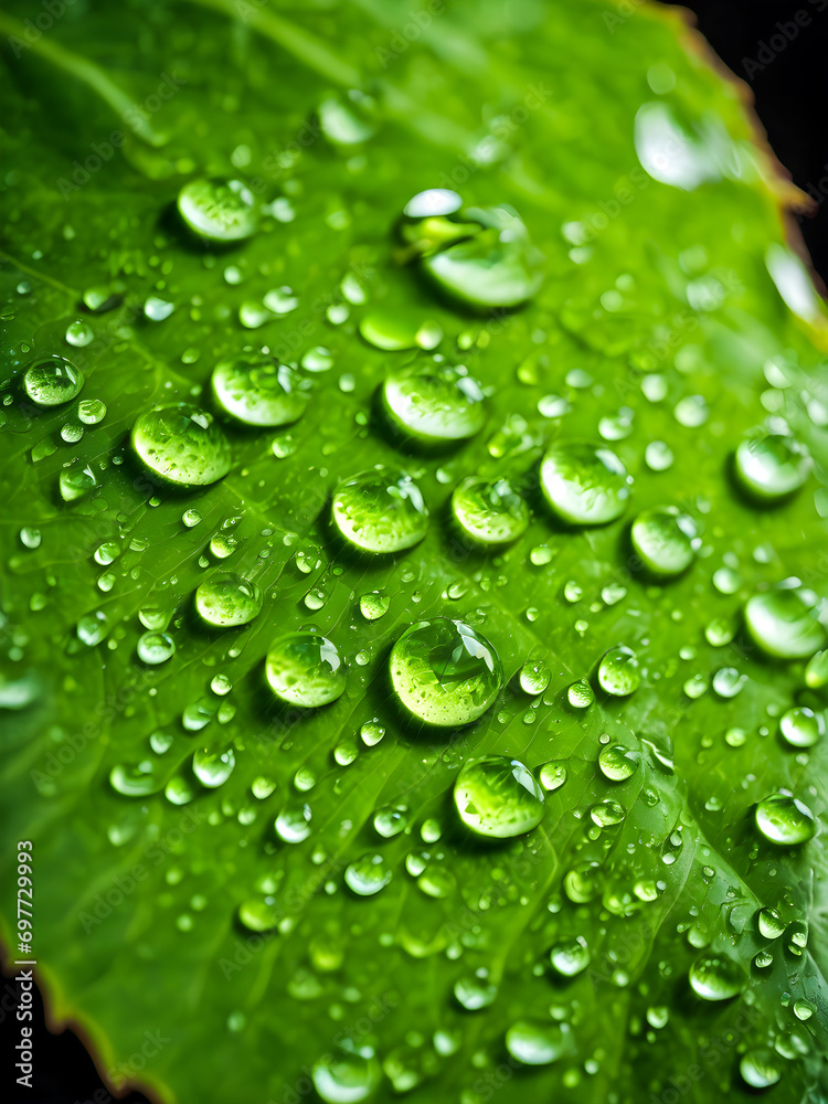 water drops on green leaf macro close up with shallow depth of field