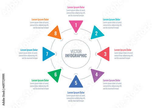 colorful triangles around circle infographic template. eight options infographic template. magazine, annual report, web, business and internet infographic template