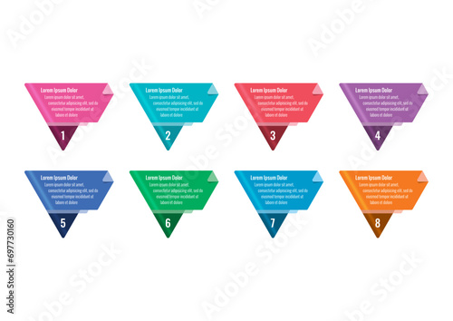 colorful triangles infographic template. eight options infographic template. internet, magazine, business, annual report information template. infographic for the world of science, education
