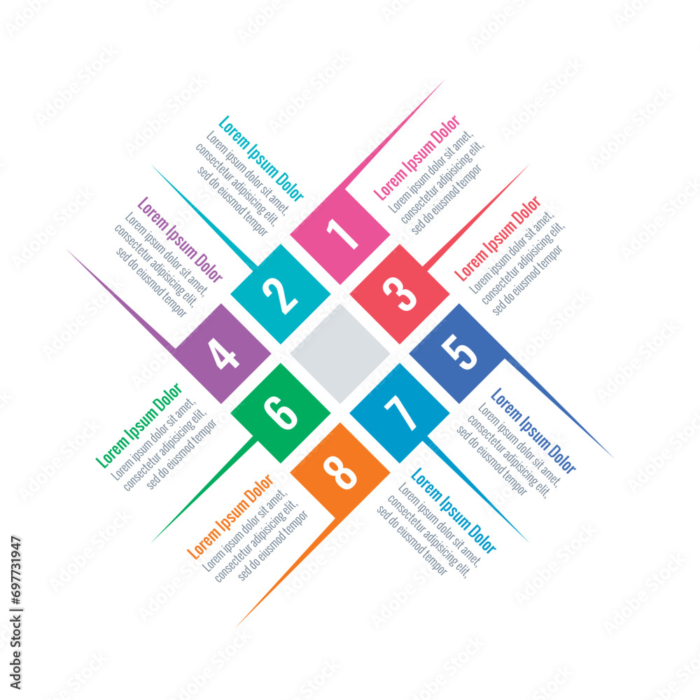 colorful squares infographic template. eight option informational templates. business, annual report, magazine, web, internet infographic template