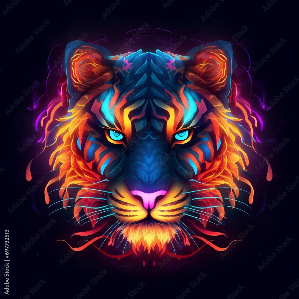 tiger portrait logo with strokes and neon colors , generated by AI