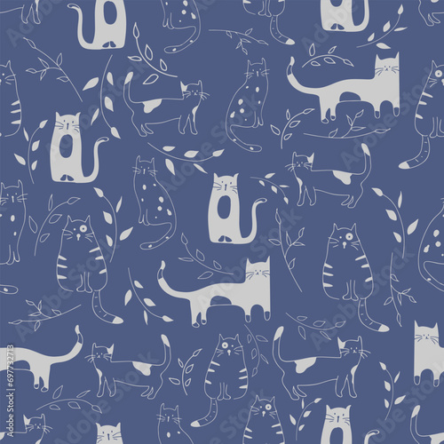 Cats, seamless pattern on a blue background, suitable for web page wallpapers, backgrounds with textile surface texture. Doodle, Vector, animal, cute, pet, cat, illustration, pattern, print, textile, 