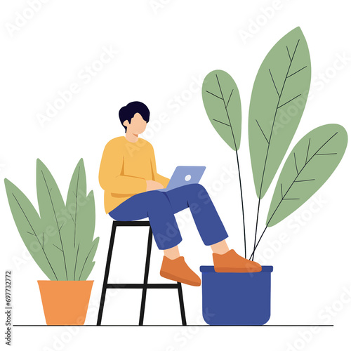 Boy doing a work around with his plant,nature and wellness,flat vector illustration