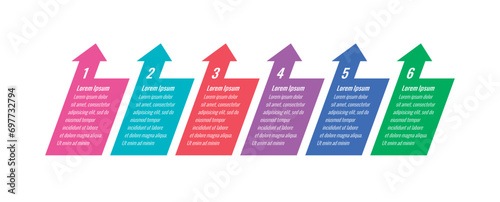 colorful cards infographic template with arrow signs. six step briefing template. magazine, web, business, internet, annual report infographic template