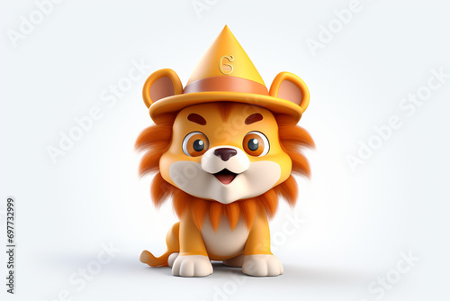 3D cartoon of a cute lion wearing a wizard hat