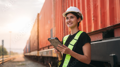 Foreman checking inventory or task details on freight train cars and shipping containers. Logistics concept, import, and export industries. photo