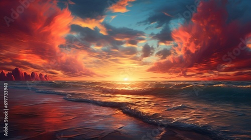 An expansive ocean reflecting a vibrant sunset, the atmosphere suffused with hues of red, orange, and gold.