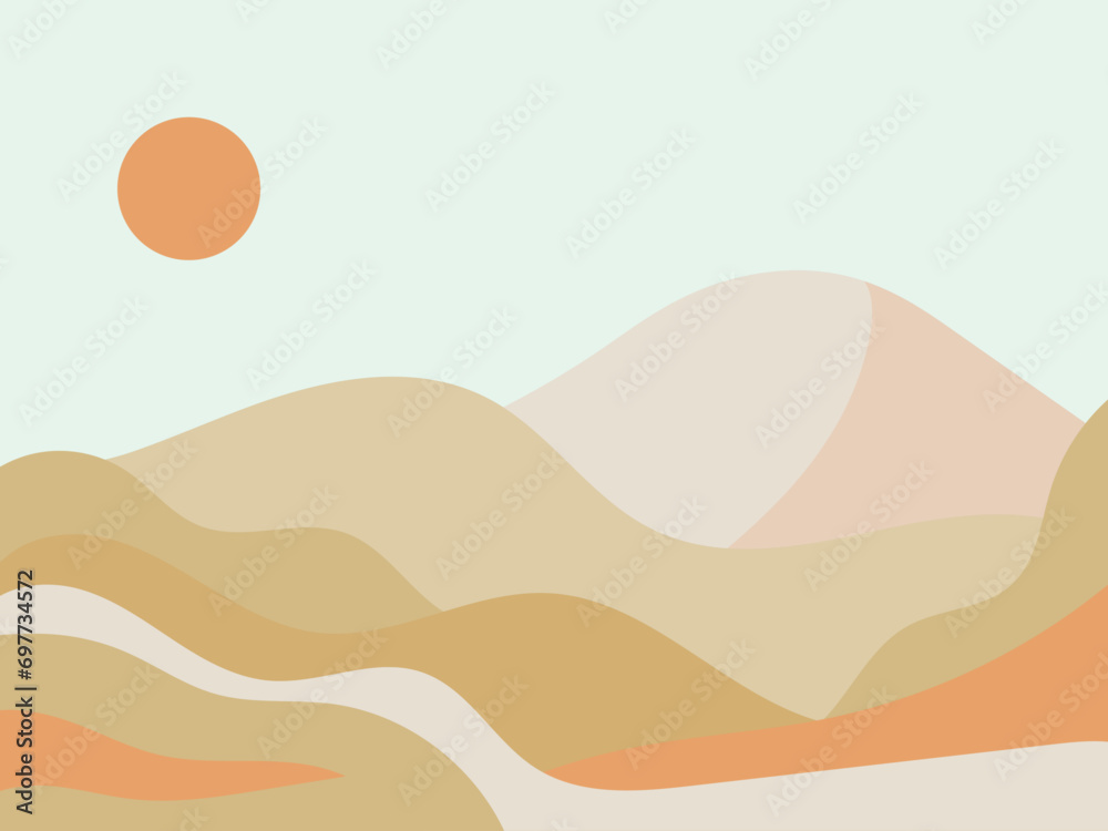 Flat vector illustration of a minimalist desert landscape - obrazy, fototapety, plakaty 