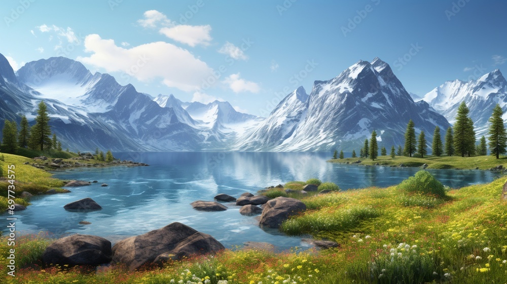 An isolated lake in a meadow, mountain peaks piercing the sky in the background.