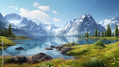 An isolated lake in a meadow, mountain peaks piercing the sky in the background.