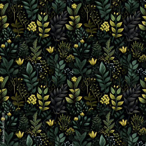 Different shapes green and yellow leaves of the forest seamless pattern. Dark background. High quality