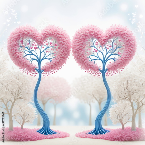 Two pink and blue trees in the shape of hearts on a gentle light background. Valentine s Day concept. Card for birthday  mother s day.