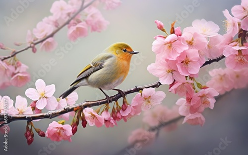 Spring floral poster, botanical banner. The bird standing on cherry blossom branch. Blooming trees, asian style photo. AI Generative. © your_inspiration