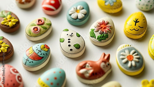 A set of stones painted as Easter eggs with various floral and animal patterns on a light background.