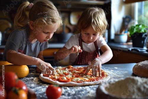 Children making a pizza together in a conformable kitchen.  photo