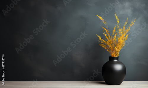 Elegant Simplicity  A Beautiful Black Textured Wall with a Golden Vase