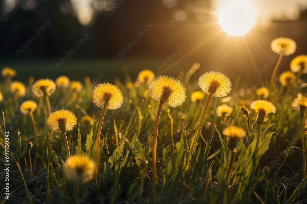 Many yellow dandelion flowers on meadow in nature in summer close-up