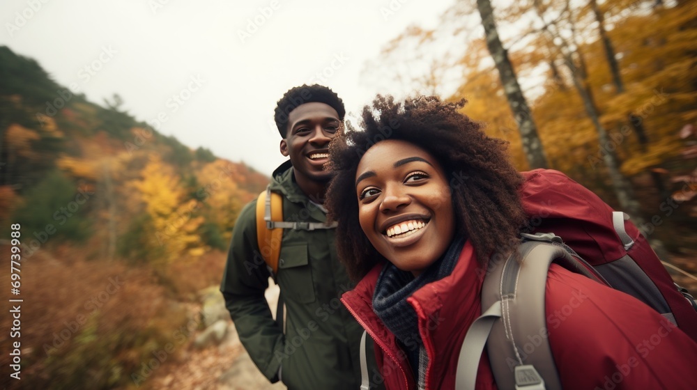 Happy african american couple with backpacks hiking in autumn forest