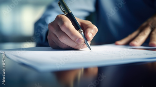 Close-up of a person's hand holding a pen and signing a document, suggesting a business or legal agreement. photo