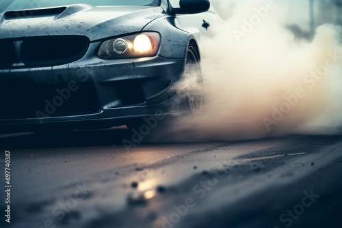 drift. The car is slipping on the asphalt. smoke from under the wheels. generative ai